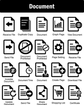 A set of 20 Document icons as receive file, duplicate copy, document vector
