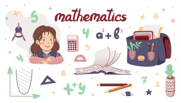 Set of School illustrations. Happy girl. School supplies and different decoration elements. Vector Mathematics set. Back to school Flat illustration.