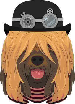 Halloween greeting card. Briard or Brie Shepherd dog with bowler hat and black and red striped t-shirt vector