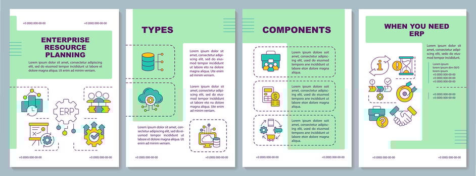 Enterprise resource planning brochure template, green leaflet design with thin linear icons, 4 vector layouts.