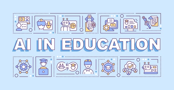 AI in education text concept with various icons on blue monochromatic background, editable 2D vector illustration.