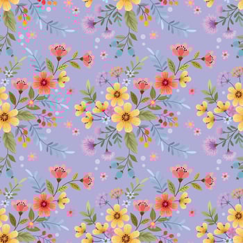 Beautiful blooming flowers on purple color background seamless pattern. vector
