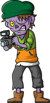 Spooky zombie photographer cartoon character on white background vector