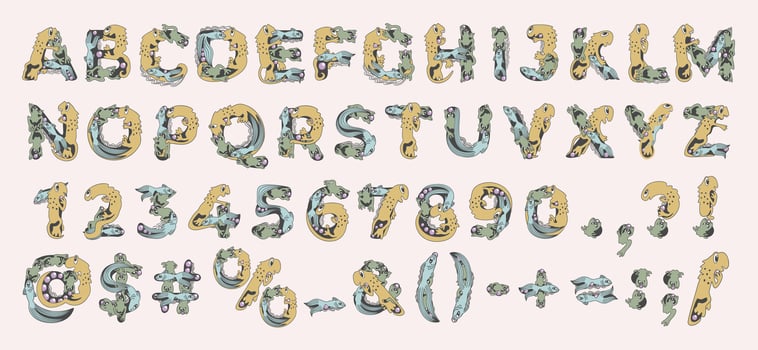 Cute childish set of latin letters, numbers and glyths with animals. Alphabet for kids. Little dragon, fish and frog inscribed to letters vector