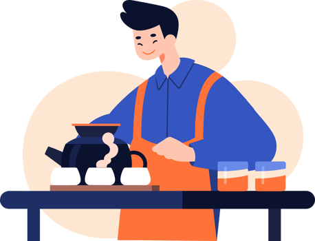 Hand Drawn Barista making coffee happily in flat style png