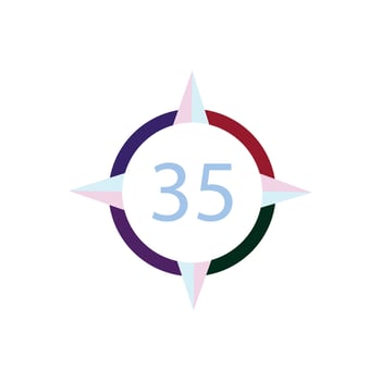 the number 35 is shown in a circle with a compass vector
