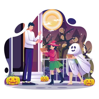 happy halloween kids with their parents and halloween pumpkins illustration bundle pack october vector eps