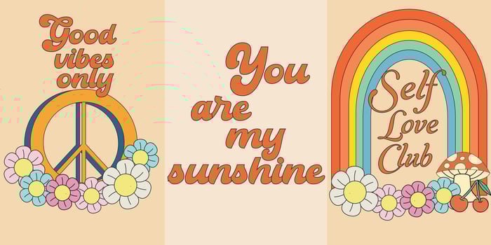 Set of groovy posters. Retro postcards in 70s. Hippie and boho style. Sticker pack in vintage retro psychedelic cartoon illustration style vector