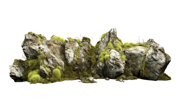 Dark rocks partially covered with moss . AI Generated png