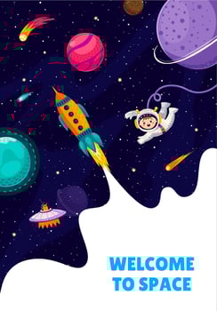 Space travel poster. Rocket launch, kid astronaut vector