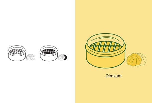 dimsum, The vector icon depicts traditional Chinese food served on a plate, featuring various Asian delicacies such as Chinese cuisine, Asian bakery items with fillings, steamed buns,