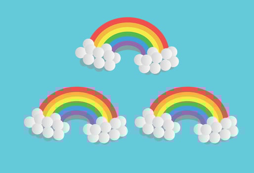 rainbow, a vector illustration set of cartoon rainbows. It includes colorful rainbows, hearts, and clouds with rainbow-colored tails. The set features a variety of cartoon rainbow doodles