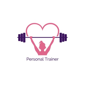 Vector illustration icon of a girl lifting a barbell. Personal trainer concept in pink and purple feminine style