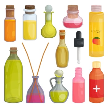 Glass jars set of vegetable or essential oil, walnut liquid oil in cartoon style. A bottle of aromatherapy oil for spa treatments, cooking and perfumes, at home. Icon for website design, packaging vector