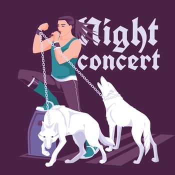 rock, metal, grunge or punk singer on stage with white wild wolves. Dark background. Concert printing and media advertising. Vector flat illustration
