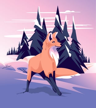 fox in the winter coniferous forest. Fairy Tail sunset landscape. seasonal rest. Vector illustration