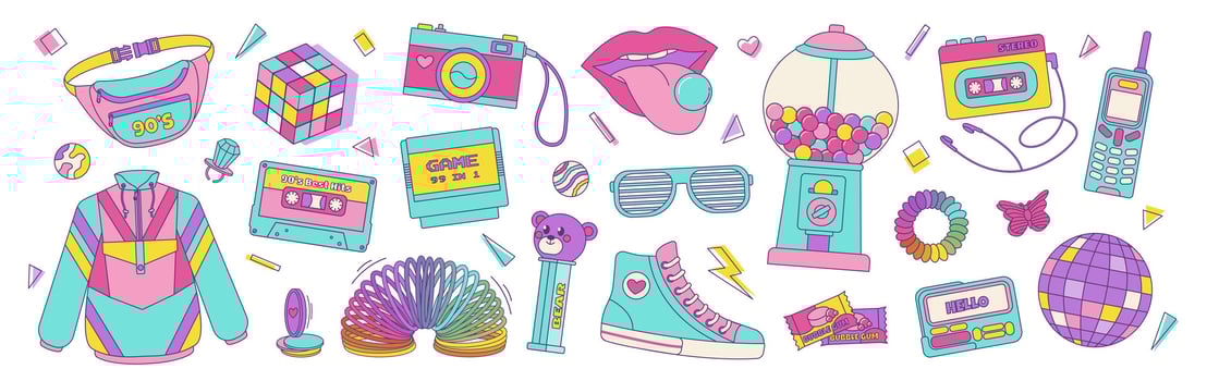 Set of colorful elements 80s 90s, retro badge, emblem, fashionable patch. Vector vintage style illustration