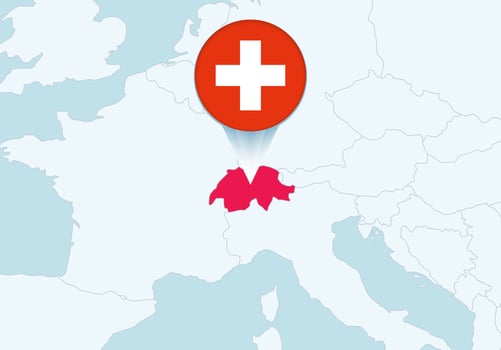 Europe with selected Switzerland map and Switzerland flag icon. vector