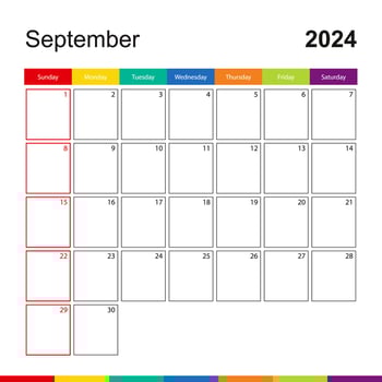 September 2024 colorful wall calendar, week starts on Sunday. vector