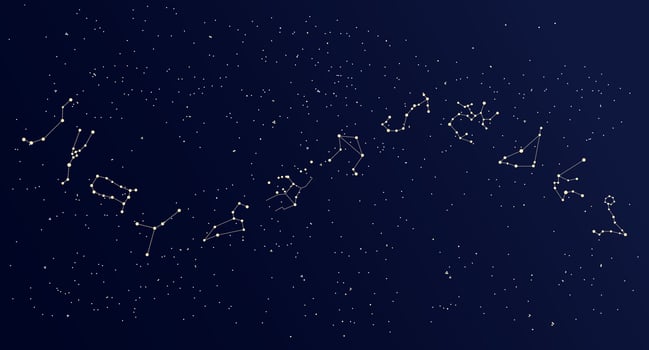 Constellation map, mystical cosmic sky with constellations and stars, nebula background, blue galaxy. Illustration, poster, vector