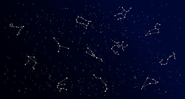 Constellation map, mystical cosmic sky with constellations and stars, nebula background, blue galaxy. Illustration, poster, vector