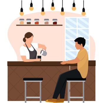 Colored coffee shop place with a bartender character Vector