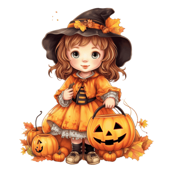 AI Generative Kawaii children holding jack o lanterns in their arm in Halloween festival png