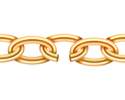 Realistic gold broken chain texture. Yellow color demage chains link isolated on white background. Three dimensional design element. vector