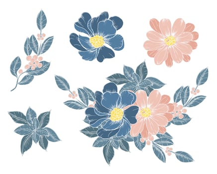 Hand Drawn Anemone and Leaves Flower Element vector
