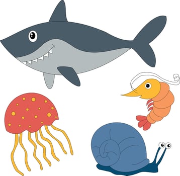 colorful sea creatures clipart set in cartoon style. includes 4 sea animals for kids and children vector