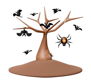 3d halloween holiday party with tree dead, bats fly and cling to branches, spider and spider web isolated. 3d render illustration png