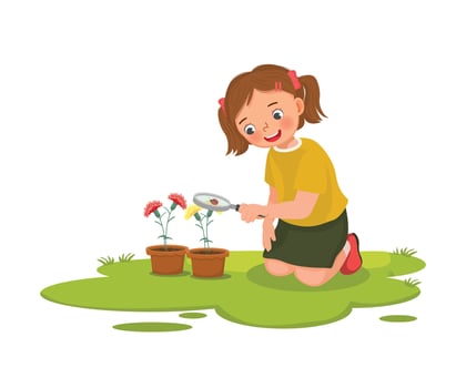 Cute little girl holding magnifying glass looking at ladybug on the flower plant vector