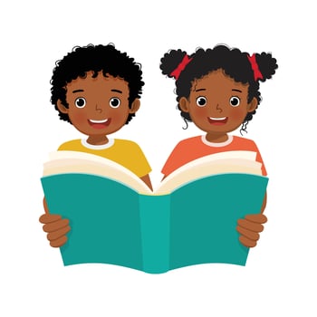 Cute little African kids boy and girl holding big book reading together vector