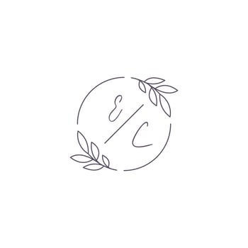 Initials EC monogram wedding logo with simple leaf outline and circle style vector