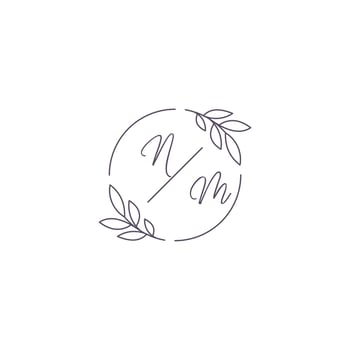 Initials NM monogram wedding logo with simple leaf outline and circle style vector