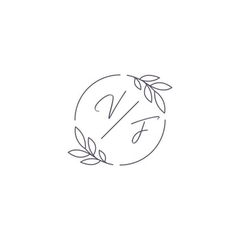 Initials VF monogram wedding logo with simple leaf outline and circle style vector