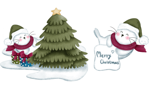 Set of whimsical watercolor baby seals with christmas gifts and pine tree on ice floes. png
