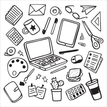 Vector set of stationary doodle sketches. Different doodle elements for working, education, creation
