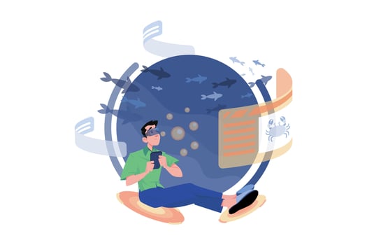 Man experiencing virtual sea tour in the metaverse vector