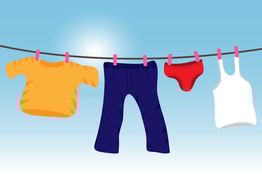 Man clothes hanging on a rope. Flat vector illustration with blue sky background. Linen on the rope, cartoon flat illustration