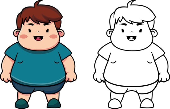 Fat kid cartoon vector illustration, happy obese boy  cartoon character colored and black and white stock vector image