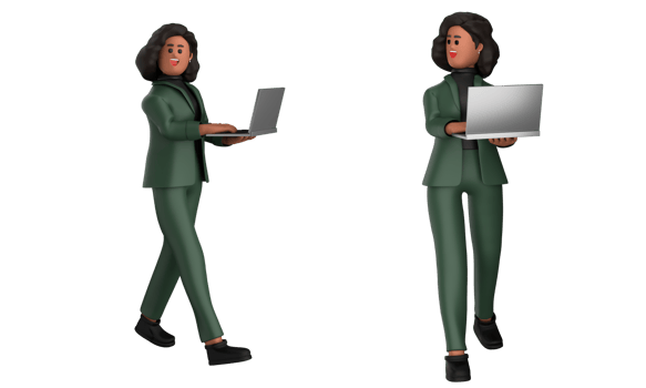 3d black business woman executive wearing a green suit pose standing with laptop, tablet, mobile phone, megaphone, 3d rendering png