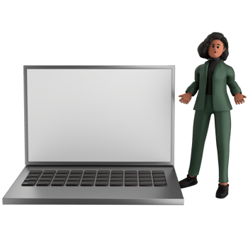 3d black business woman executive wearing a green suit pose standing with laptop, tablet, mobile phone, megaphone, 3d rendering png