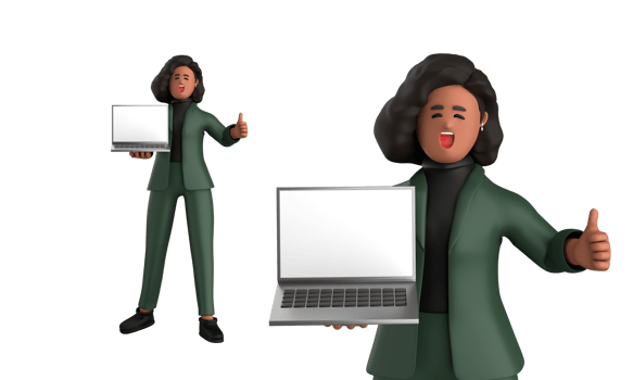 3d black business woman executive wearing a green suit pose standing with laptop, tablet, mobile phone, megaphone, 3d rendering png