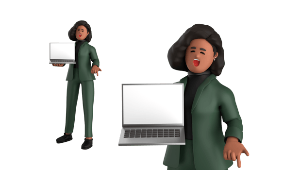 3d black business woman executive wearing a green suit pose standing with laptop, tablet, mobile phone, megaphone, 3d rendering png