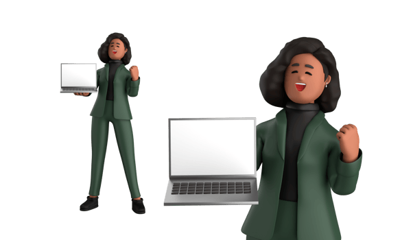 3d black business woman executive wearing a green suit pose standing with laptop, tablet, mobile phone, megaphone, 3d rendering png