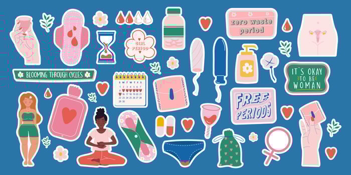 Feminine stickers hygiene products collection hand drawn style and lettering. Menstruation period woman. Female characters vector