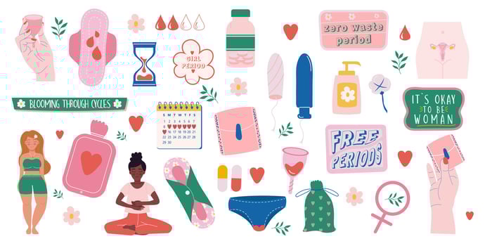 Feminine hygiene products collection hand drawn style and lettering. Menstruation period woman. Female characters vector