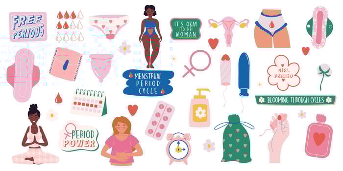 Feminine hygiene products collection hand drawn style and lettering. Menstruation period woman. Female characters  and calendar vector