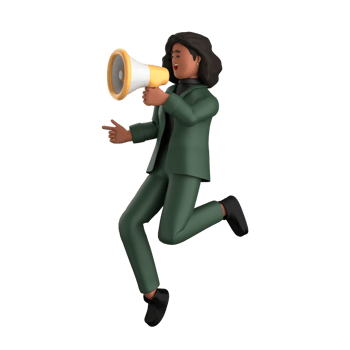 3d black business woman executive wearing a green suit pose standing with laptop, tablet, mobile phone, megaphone, 3d rendering png